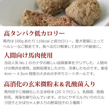 【冷凍】犬猫用 3種の馬肉団子 6個入り(プレーン・ミルク・野菜各2個))5袋セット ミートボール 乳酸菌 玄米 お団子 海藻 手作り食 犬用 加熱食 日本製 ミルク 野菜 にんじん かぼちゃ おやつ ペット用お惣菜 お肉 鶏肉不使用 鹿肉不使用