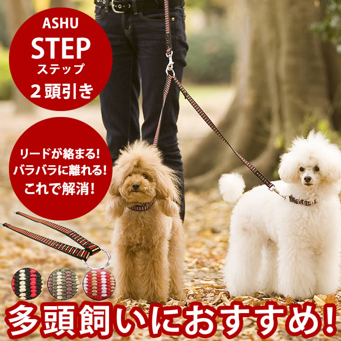 【割引クーポン配布中】犬 2頭引きリード ASHU ステップ2頭引きリード STEP 小型犬 多頭引き 2匹用 絡まない