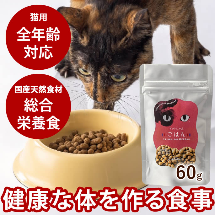 樂天商城 - 【割引クーポン配布中】ドットにゃん｜猫用総合栄養食　ごはん　60g　オールステージ　全年齢対応　猫用　ドライフード　キャットフード　総合栄養食　国産　鶏　チキン　無添加　お試しサイズ　どっとニャン