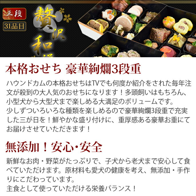 【予約受付中】犬用おせち2021年 豪華絢爛3段重 31種盛り テレビで紹介された豪華人気お節料理 御節 肉 魚 小型犬 中型犬 多頭飼い 大型犬 プレゼントやお歳暮にもおすすめ 手作り 無添加【after0307】柴犬 パグ フレンチブル チワワ 犬のおせち ダックス【a0217】