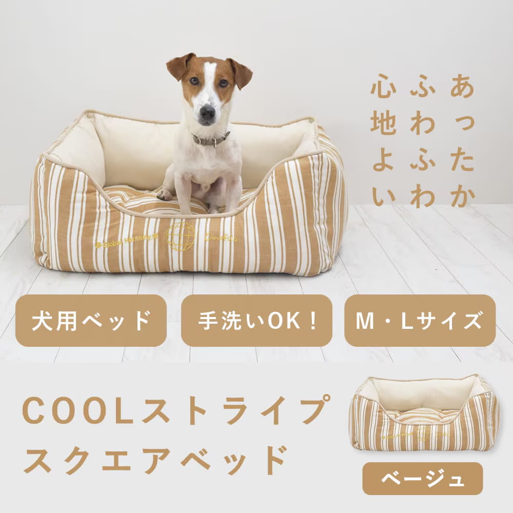 乐天商城 - 【割引クーポン配布中】犬用ベッド 春夏用 COOLストライプスクエアベッド ベージュ M / L サイズ シンプル 洗える ふわふわ ひんやり クール 暑さ対策 幼犬 成犬 ペット用ベッド 中型犬 小型犬 チノフィロ ペット用品 送料無料 帝塚山ハウンドカム チノフィロ