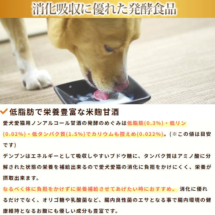 【割引クーポン配布中】犬猫用　ペットのノンアルコール甘酒　発酵のめぐみ　プレ...