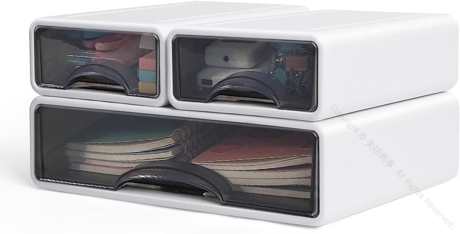 【自由な組み合わせ】サイズ：34*25*9cm(A4サイズ)、25*17*7.5cm（B5サイズ）/3個セット。積み重ね可能、重ねた状態で引出しを引いた時の本体の傾き・持ち上がりを防ぎます。文房具、事務用品、化粧品、小物などをすっきり収納で...