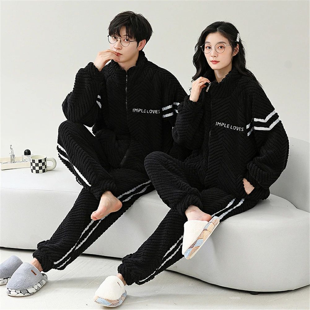 ペアパジャマ 冬 モコモコ 男女2着 セット 前開き 長袖 スタンド襟 シンプル おしゃれ カップル ペア ルームウェア レディース パジャマ
