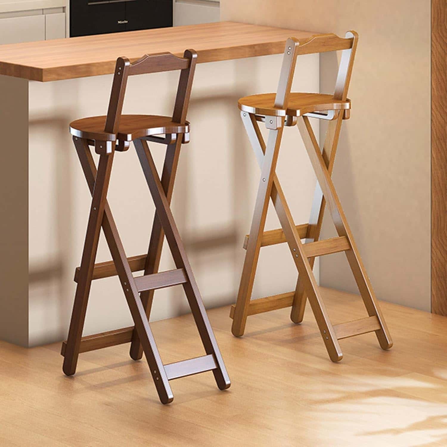 折りたたみスツール 木製 カウンターチェア 高い椅子 ハイチェア バーチェア 背もたれ 家庭用 茶色 コ..