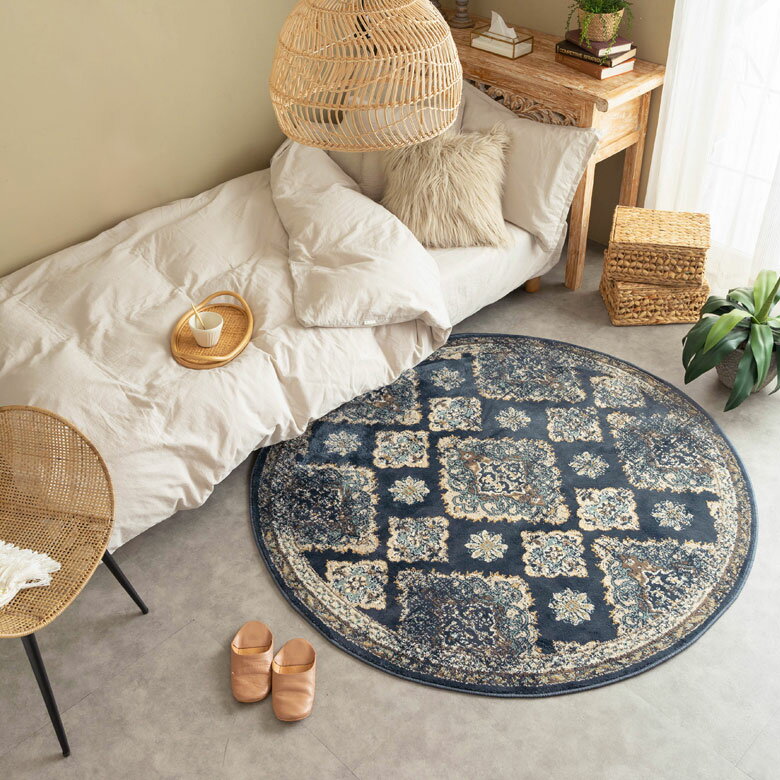 ラグ ラグマット ペルシャ風 円形 ラウンド 径150cm 絨毯 ウィルトン織り オリエンタル 白 アイボリー 青 ブルー 約 W 150cm × D 150cm × H 1cm カーペット マット アミーラ ペルシャ絨毯風 おしゃれ アンティーク 風 モロッカン 韓国 インテリア 北欧 アジアン [eg84261]