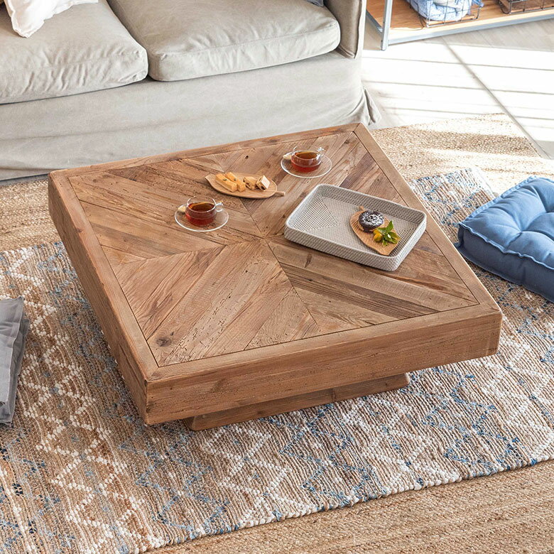 【写真付きレビュー】センターテーブル テーブル 木製 W 100 × D 100 × H 36 cm 正方形 ローテーブル 大型 古材 パイン