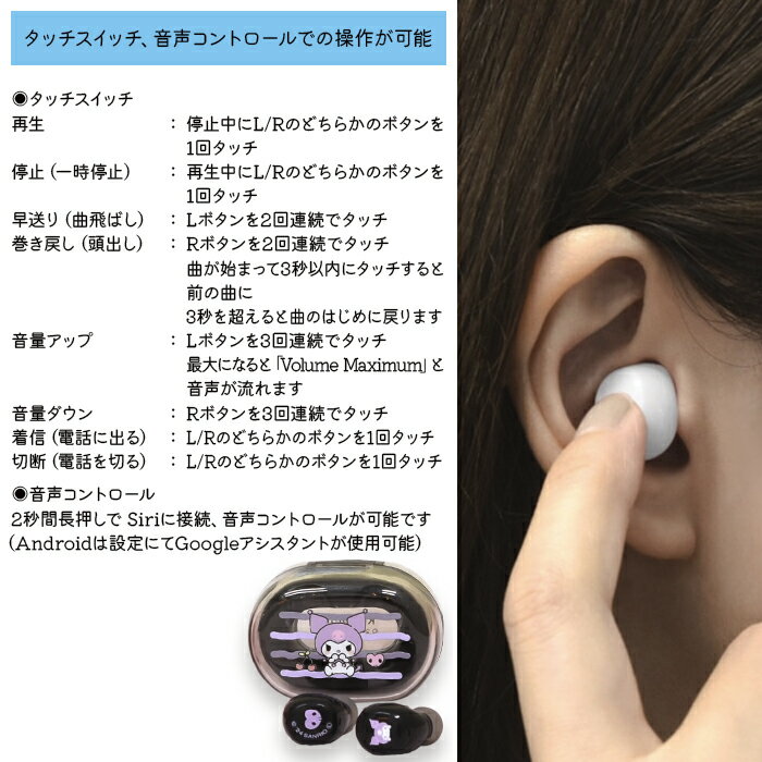 ワイヤレスイヤホン クロミ かわいい サンリオ キャラクター ワイヤレス 充電式 カナルタイプ ステレオ 音漏れ防止 シリコンイヤピース付 充電ケーブル付 USB-TypeC