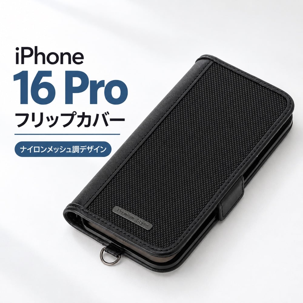 iPhone 16 Pro ケース PGA ナイロンメッシュ調/ブラック 横置きスタンド カードポケット2つ マグネットロック ストラップホール付き ワイヤレス充電対応 マグネット開閉 PG-24BFP13BK スマホケース スマホカバー キズ対策 着せ替え スマートフォンアクセサリー