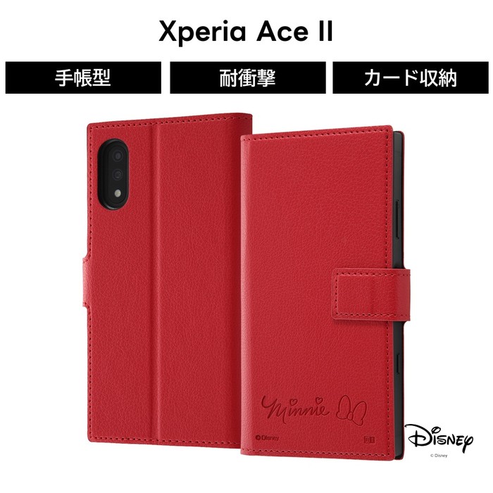 乐天商城 - Xperia Ace II ディズニーキャラクター 耐衝撃 手帳型レザーケース ミニーマウス カード収納 キャラクター かわいい 可愛い