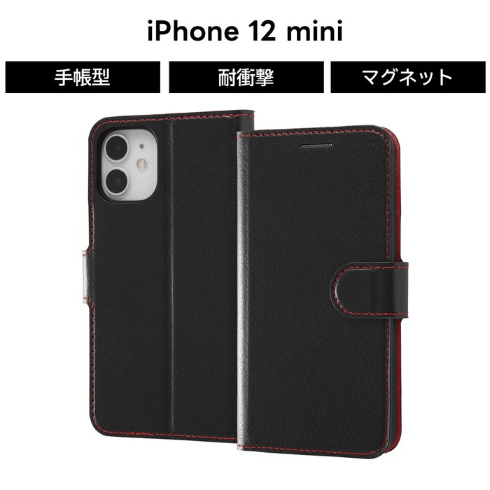 乐天商城 - iPhone 12 mini 耐衝撃 手帳型ケース シンプル マグネット ブラック レッド カード収納 iPhone12 mini