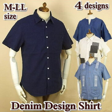 デニムシャツ メンズ 半袖 / 綿 麻 刺繍 パッチワーク / M-LL