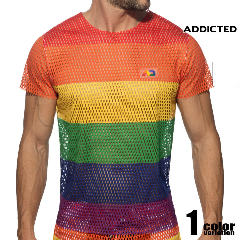 ADDICTED/アディクティッド MESH RAINBOW T-SHIRT メッシュ レインボー 半袖 虹 切りっぱなし Tシャツ 半袖 メンズ ファッション トップス