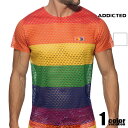 ADDICTED/アディクティッド MESH RAINBOW T-SHIRT メッシュ レインボー 半袖 虹 切りっぱなし Tシャツ 半袖 メンズ ファッション トップス