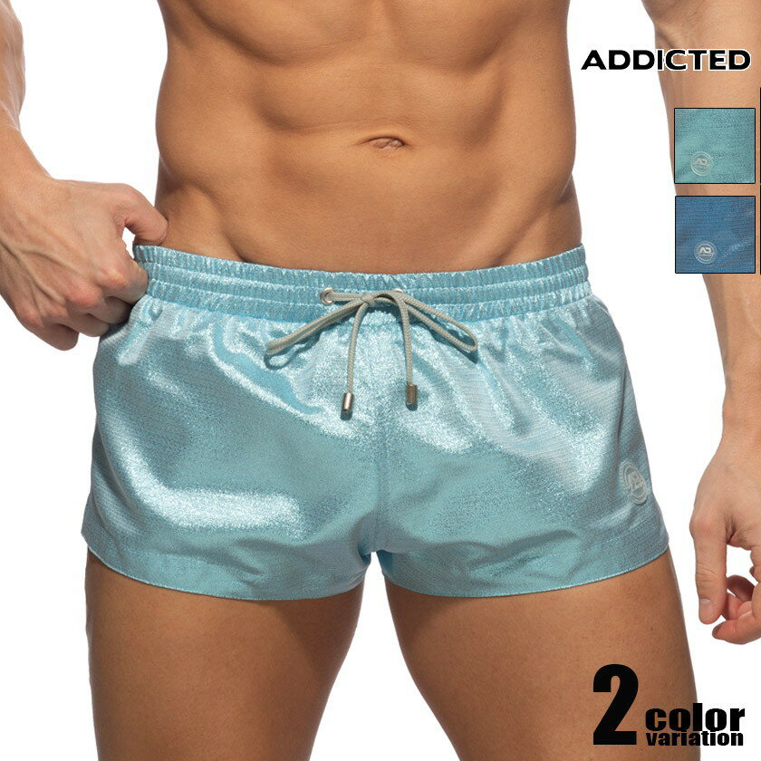 ADDICTED/アディクティッド PARTY SWIM SHORTS 速乾生地 スイムウェア サーフパンツ ボードショーツ メンズ水着 海水パンツ 海パン 男性水着 ビーチウェア 光沢 1分丈 ベリーショート U-Shape