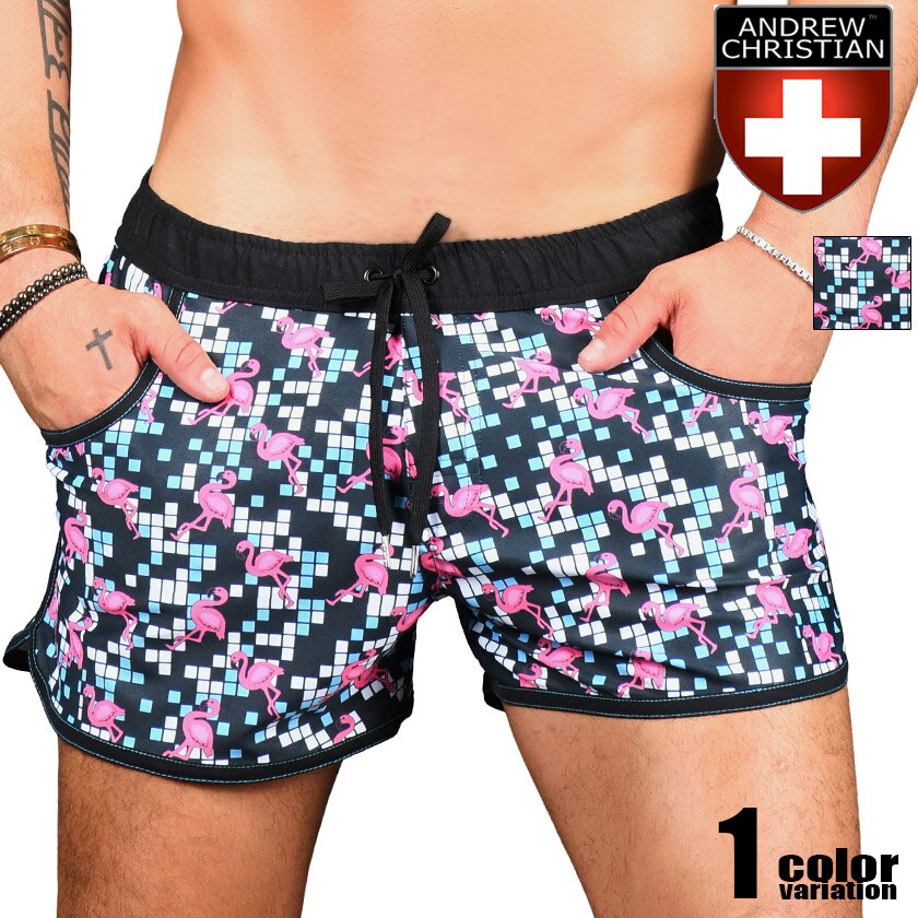 楽天asian closetAndrewChristian/アンドリュークリスチャン DISCO FLAMINGO SWIM SHORTS フラミンゴ アニマル柄 鳥 スイムウェア サーフパンツ　ボードショーツ　メンズ水着 海水パンツ　海パン 男性水着 ビーチウェア