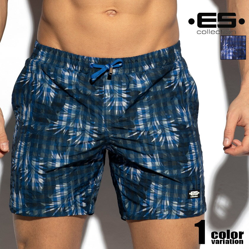 EScollection/イーエス・コレクション TROPIC SQUARES BOARDSHORT トロピカルプリント 植物柄 インナーカップ付き 裏地付き U-Shape スイムウェア サーフパンツ　ボードショーツ　メンズ水着 海水パンツ　海パン 男性水着 ビーチウェア