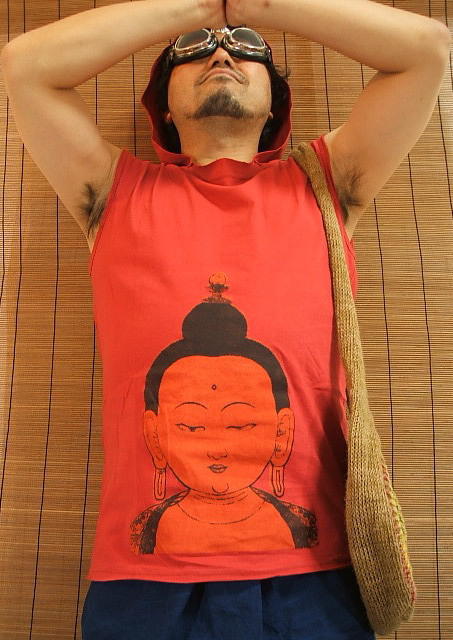 仏陀Tシャツ ノースリーブ 修行僧カラーのTシャツ【サイズ:XM(大きめM)】【5000円以上で】送料無料 メンズ ブッダTシャツ 仏画 仏教 仏像 修行僧カラー ノースリーブ フード デザインTシャツ 放浪ウェア 出家ウェアギフト包装無料