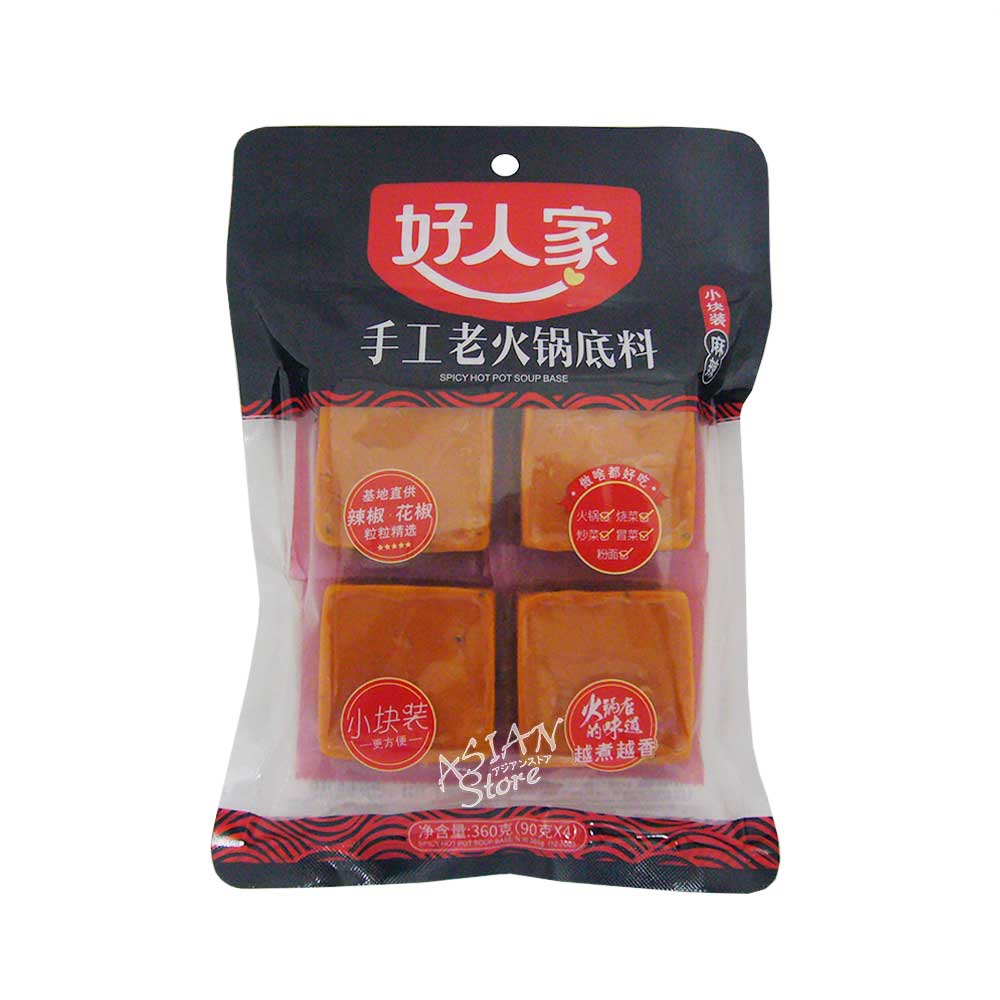 【商品名】好人家手作り火鍋の素4割れ　360g/好人家手工老火鍋底料4小塊装360g 【原材料】パーム油、唐辛子、食塩、豆板醤（唐辛子、そら豆、食塩、小麦粉）、長ネギ、山椒、ニンニク、生姜、香辛料、酵母エキス、トウチ（大豆、食塩、小麦粉）、氷砂糖、調味料（アミノ酸）、酒精 【内容量】360g 【原産国】中国 【賞味期限】商品画像記載の賞味期限と現物は異なる場合がございます ※予告なくパッケージデザインが変更される場合があります