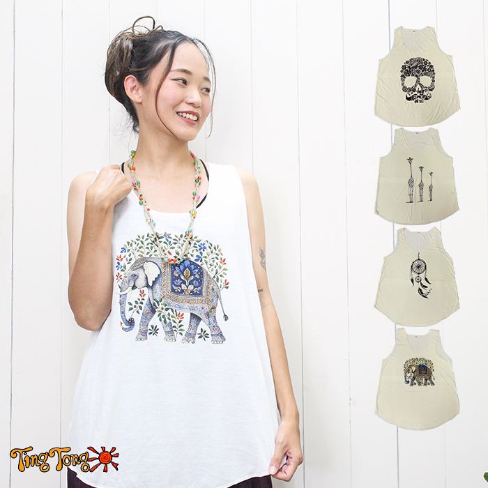 タンクトップ レディース 綿100 コットン オシャレ 白 ！プリントシアー ゆったり 重ね着 襟ぐり広め ..