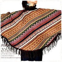 【送料無料】エスニックアウターポンチョ民族衣装ハイネックフリンジゲリコットンモン族総柄ハイネックのフリンジポンチョコートです