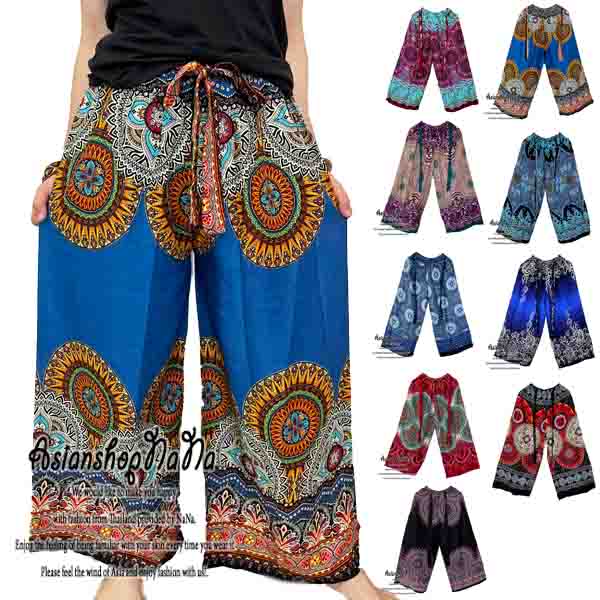 エスニック ファッション ヨガパンツ パンツ ワイドパンツ フレアパンツ ガウチョパンツ レーヨンパンツ タイパンツ 花柄プリント リボン付き レーヨン素材 サラサラ ふんわり ヨガ リラックスパンツ 花柄 エスニック柄 ゆったりパンツ アウトドアファッション フェスのサムネイル