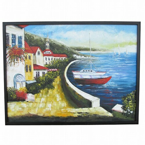 海辺の教会とヨットの絵 83X63 風景画　モダンアート ヨーロピアン雑貨モダンアート 海 岬 絵画 開店祝い【大型宅配便】240775
