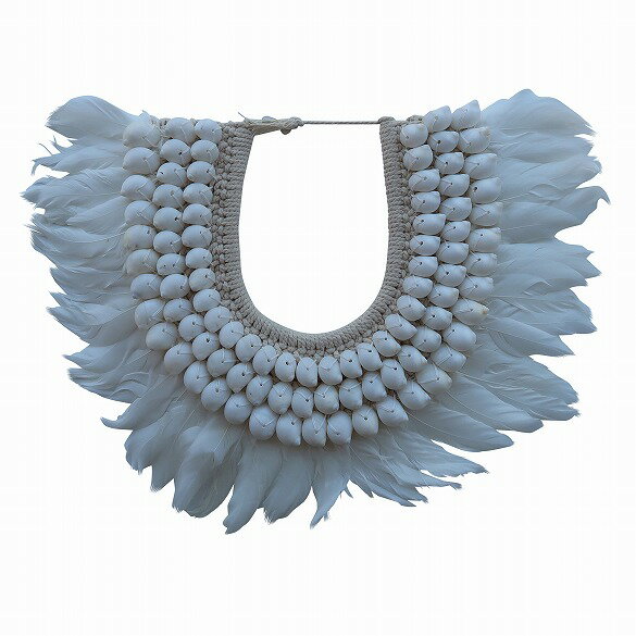 シェル＆フェザー 首飾り 45cm 壁掛けレリーフ ホワイト Bohoスタイル ボヘミアン インディアン Boho壁飾り 壁掛け ボーホー ネーティブアメリカン インディアン 首飾り ハワイアン アフリカン 民族衣装 【北海道・沖縄県配送不可】400231