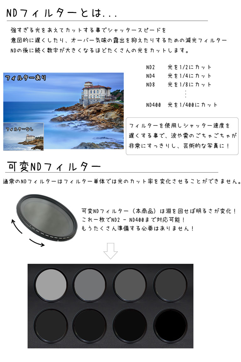 【可変ND 58mm】【♪対応サイズキャップ一枚プレゼント♪】可変NDフィルター 減光フィルター 58mm 一眼レフカメラ ミラーレス一眼レフ 交換レンズ用 可変減光フィルター キャノン ニコン canon nikon sony olympus pentax fujifilm panasonic eos zシリーズ pen Xシリーズ