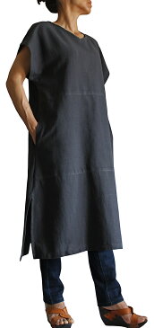 ジョムトン手織綿シンプルVネックドレス（墨黒）