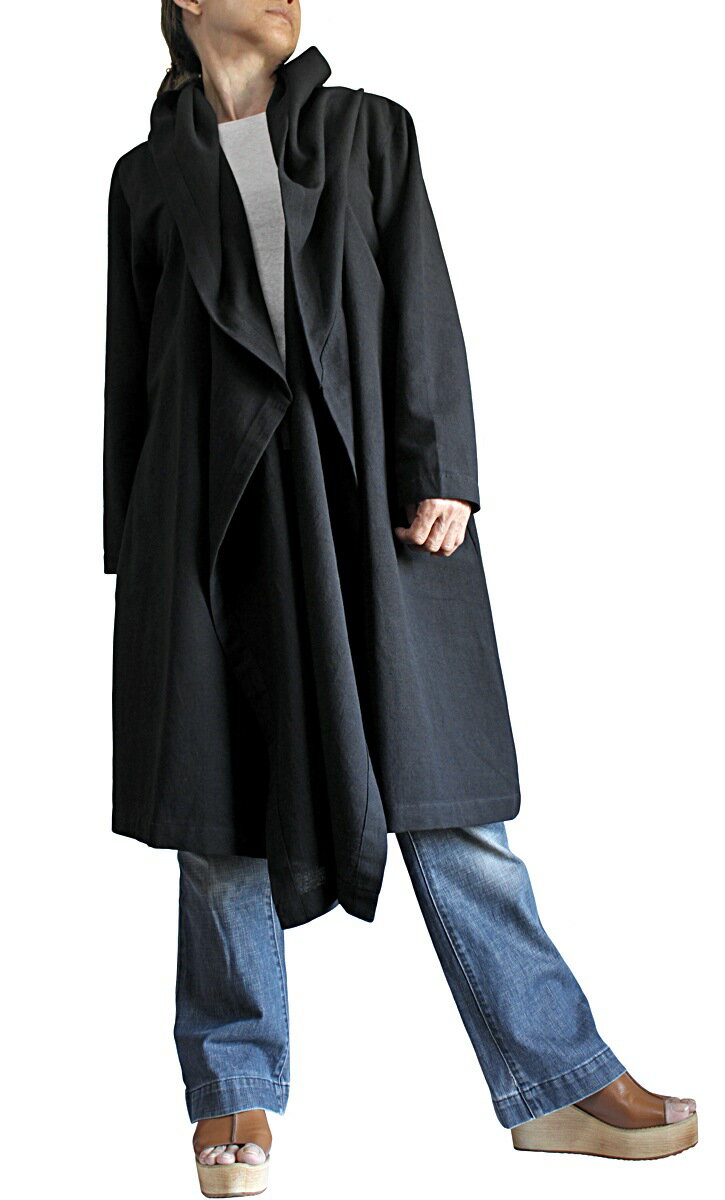 ジョムトン手織り綿フーデッドラップコート（黒）