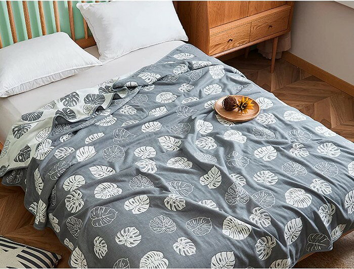 Cotton Blankets - ガーゼケット シングル 天然綿100% 6重織り 軽くて通気性や肌触りがよい ふんわり 吸湿 夏快眠 快適 丸洗いOK リバーシブル 150x200cm (ホワイトリーフ柄)