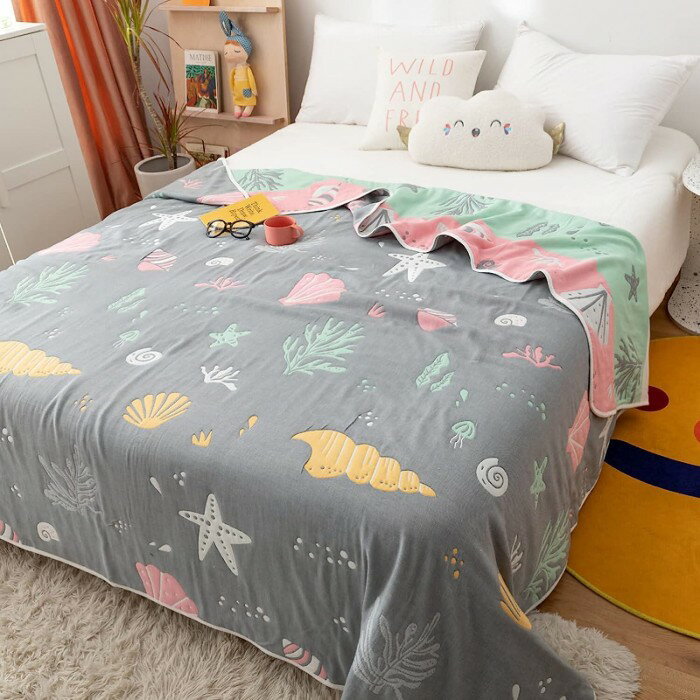 ガーゼケット シングル 天然綿100% 6重織り 軽くて通気性や肌触りがよい ふんわり 吸湿 夏快眠 快適 丸洗いOK リバーシブル 150x200cm (海の生き物グレー・グリーン)