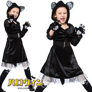 【ハロウィン コスプレ 黒猫 子供】　黒猫コスチューム　ハロウィン衣装　コスプレ　着ぐるみ　子供　キャット　ハロウィン仮装　ネコ 猫コスプレ ハロウィン　仮装　ワンピース ねこ耳 手袋　黒 女の子　ハロウィン 仮装 コスプレ 可愛いコスプレ