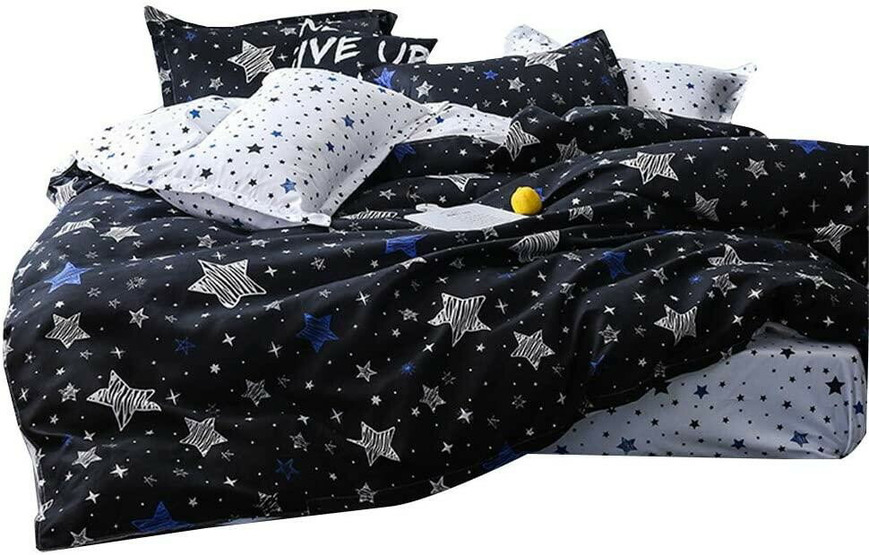 掛・敷布団カバー4点セット セミダブル 満天の星空をイメージした柄 掛布団カバーは黒色生地・敷布団カバーは対照的な白色生地に星々を散りばめた柄は オシャレでゴージャス 超細い繊維で通気性と速乾性抜群 オールシーズン対応 （敷布団カバー・ボックスシーツ）