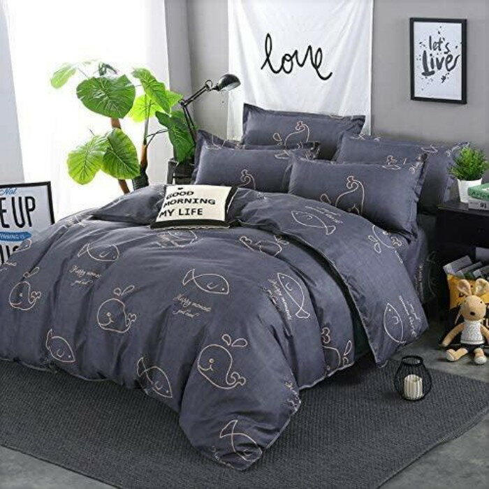 掛・敷布団カバー4点セット セミダブル かわいいイルカや魚柄 シンプルでオシャレな絵柄 超細い繊維で通気性と速乾性抜群 オールシーズン対応 和洋式両方対応(敷布団カバー・ ボックスシーツ)