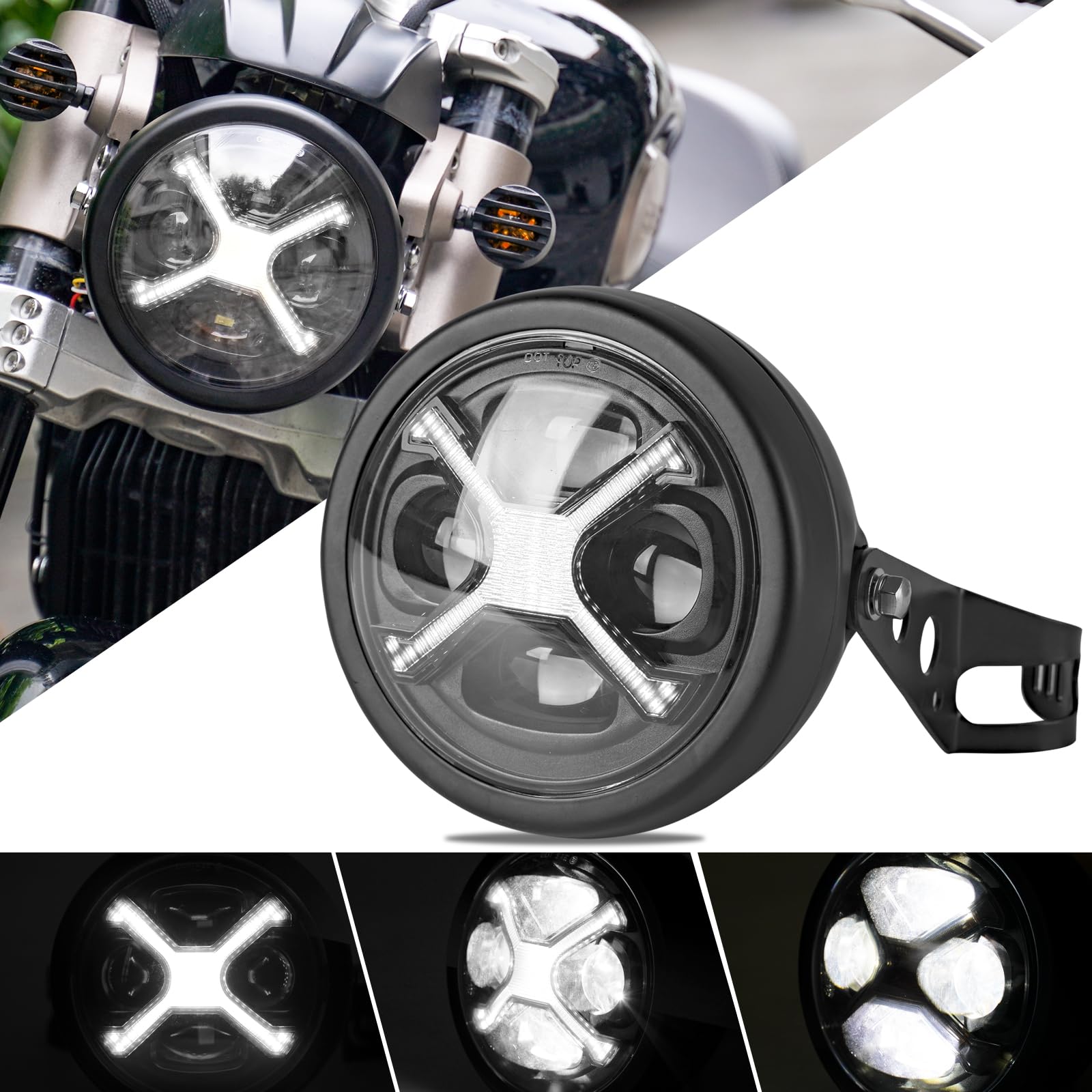 5.75インチ LED バイク ヘッドライト レトロな黒X-メンシェイプ ホワイトDRL ハイ/ロービーム切り替え 汎用 丸目 ランプシェードホルダー付き マーシャル オートバイ プロジェクター ヘッドライト (Xホワイト)