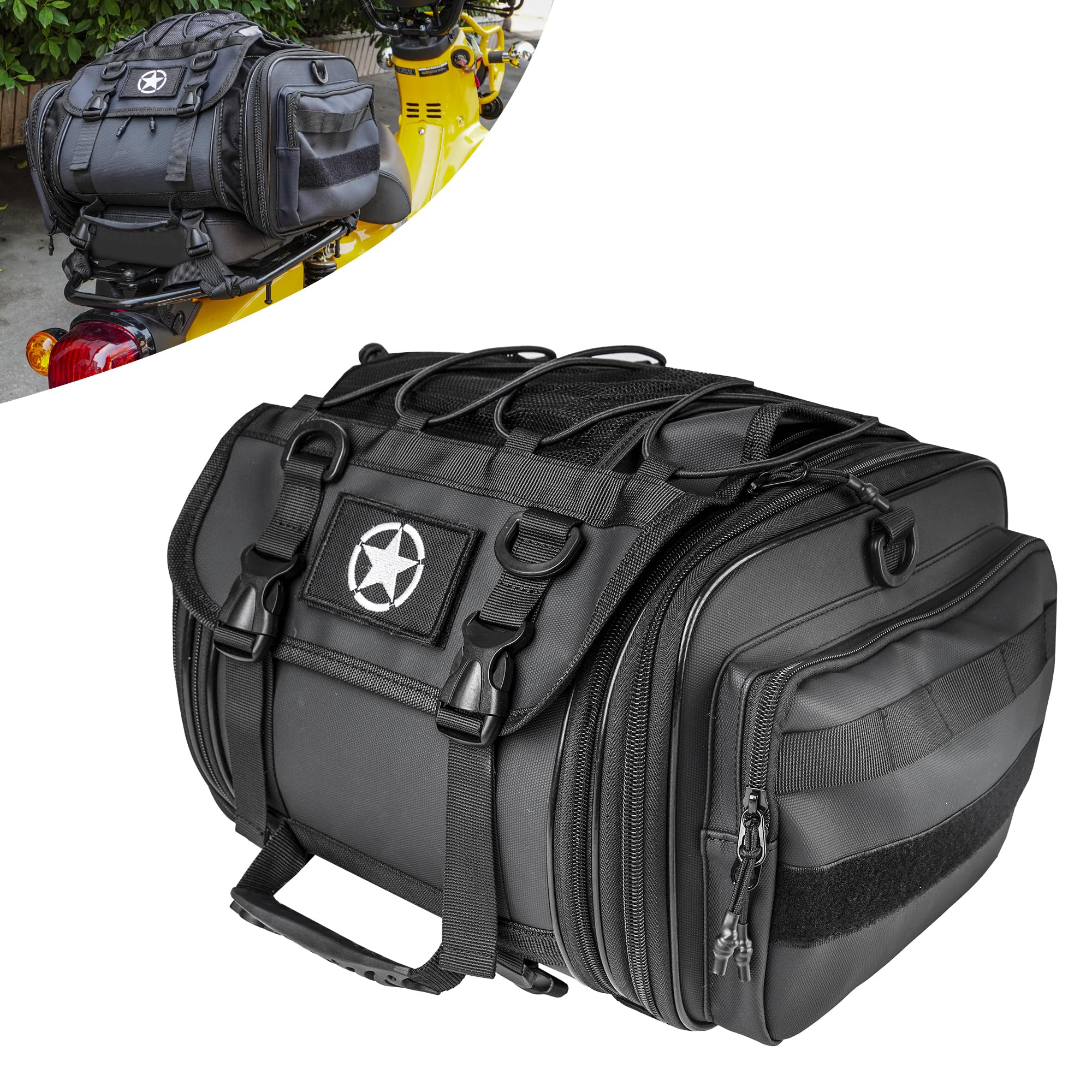 バイク シートバッグ 拡張機能あり 23-29Lツーリングバッグ バイク用 シートバック バイク レインカバー付き 防水性 バイク リアバッグ 変形しにくい 荷物固定ベルト付き クロスカブ CC110 ニンジャ400 ほとんどのオートバイに汎用 (リアシートバッグ)