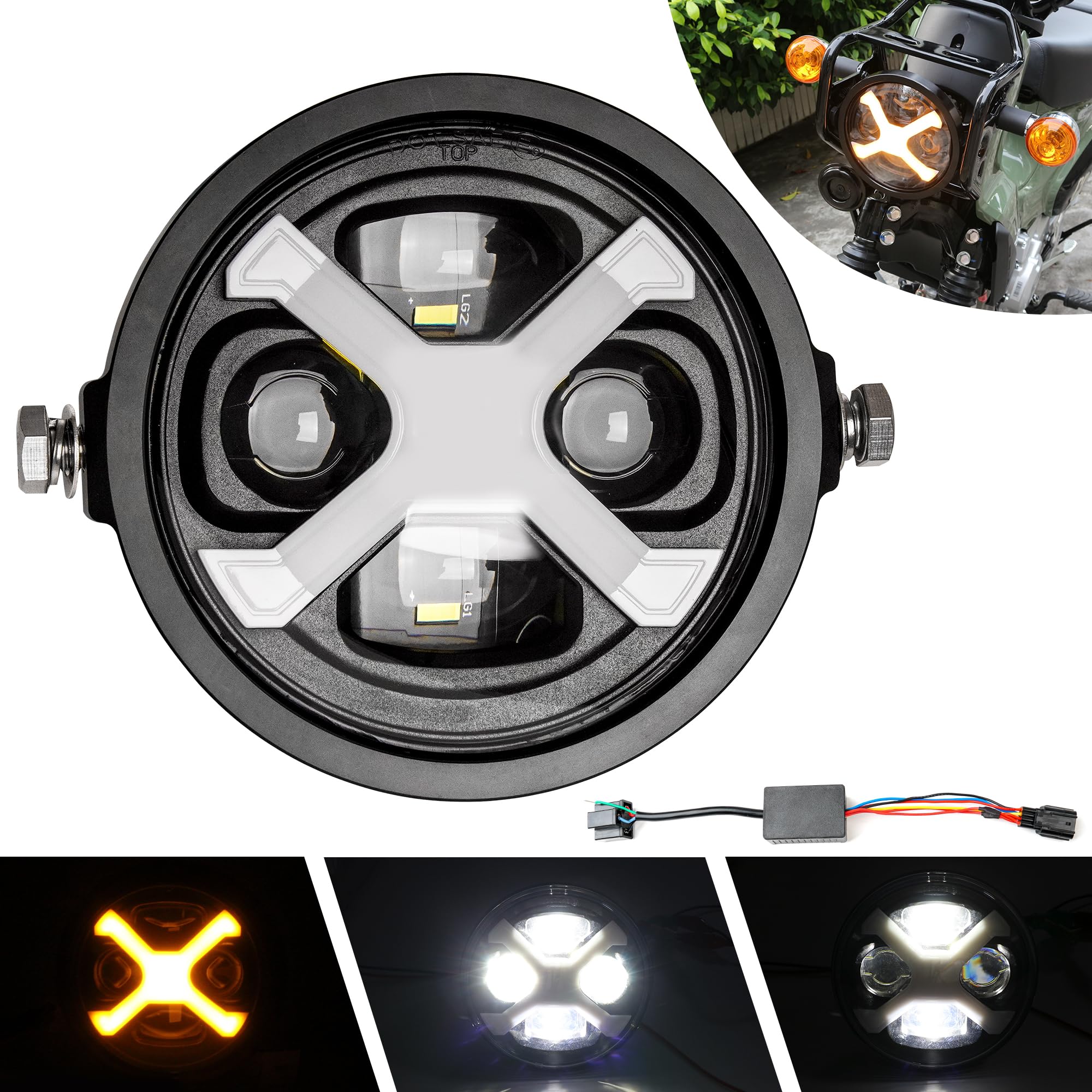 クロスカブ110用 ヘッドライトDRL 付き led バイクヘッドライト ハイビームとロービームの切り替え ホンダ クロスカブCC110 対応 (Xイエロー ヘッドライト)