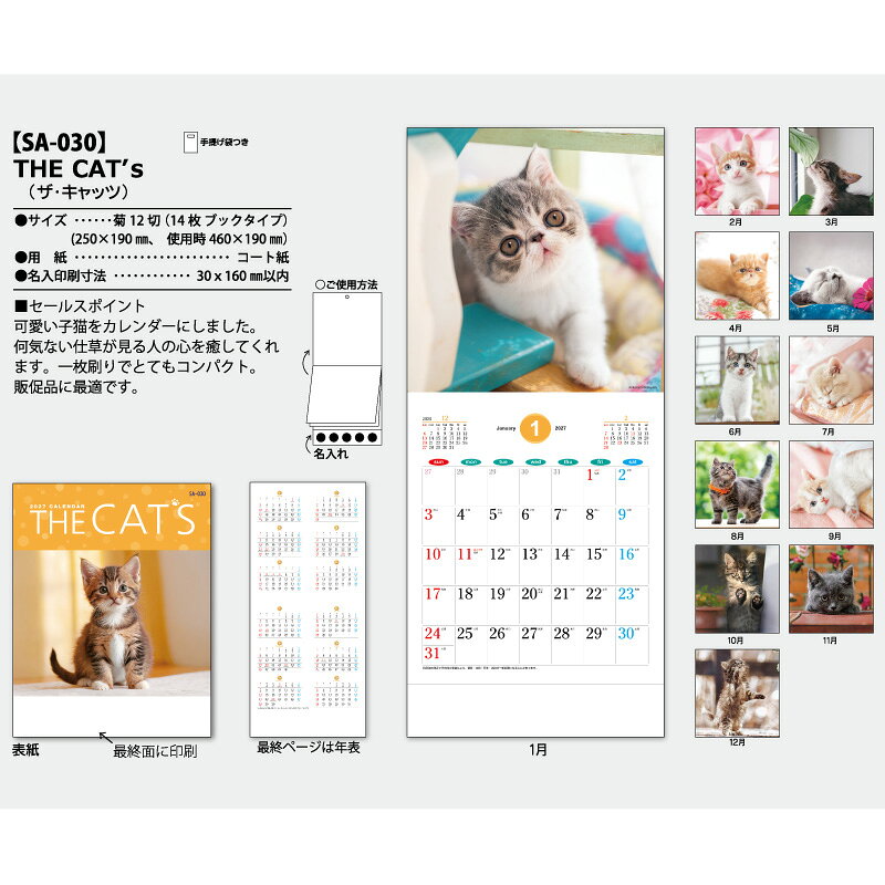 浅草ギフトの名入れ 2027 SA030 THE CAT‘s カレンダー 壁掛け 壁掛けカレンダー ブックタイプ 猫カレンダー キャットカレンダー 月表 名入れカレンダー 壁掛けカレンダー名入れ ねこ 猫 子猫 動物病院 ペットショップ 幼稚園 ネコ 癒し キャット かわいい オリジナル 小ロット｜アングル2