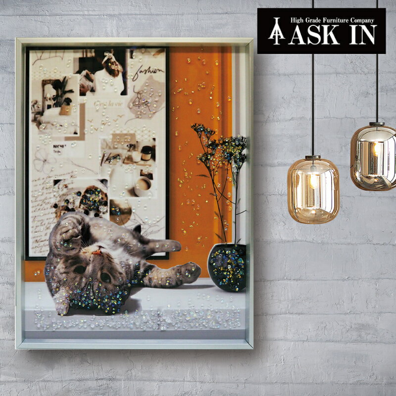 クリスタルアート モリーキャット581 アートパネル 31x41cm 風水 写真 おしゃれ キラキラ ゴージャス ネコ 寝転び アスクイン ASK IN