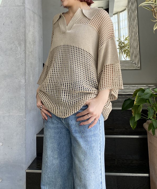 Other - as know as メッシュポロカラーPO レディース トップス ニット 半袖 プルオーバー メッシュ ゆったり おしゃれ かわいい トレンド 春 夏 ピンキー