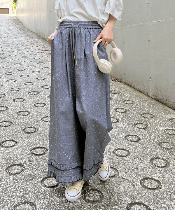 【期間限定P5倍】as know as 裾がフリってるPT レディース ボトムス パンツ ワイドパンツ 裾フリル ウエストゴム ドット パジャマパンツ かわいい おしゃれ トレンド 春 夏 ピンキーのサムネイル