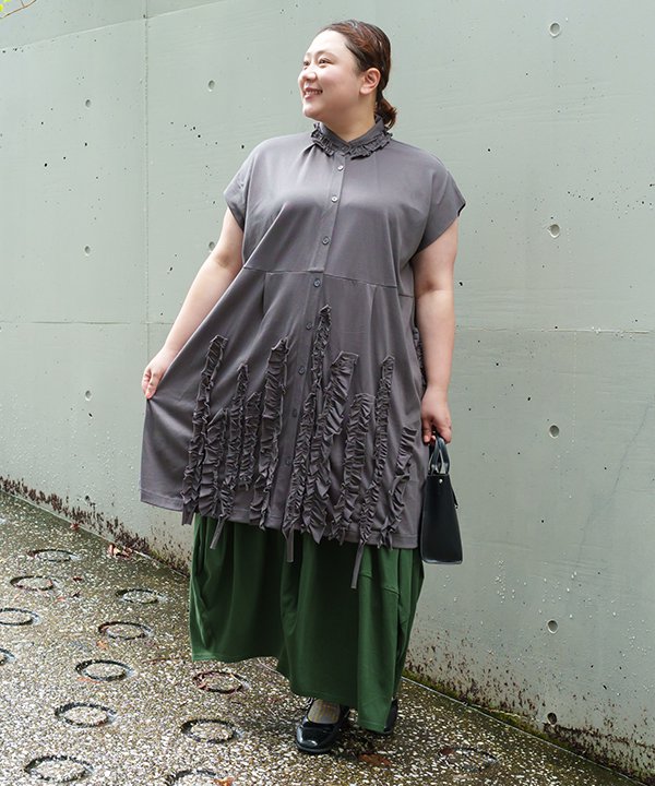 as know as フリルだらけ3in1OP レディース 大きいサイズ カットソー ワンピース 半袖ワンピース フリル ギャザー バンドカラー タック..