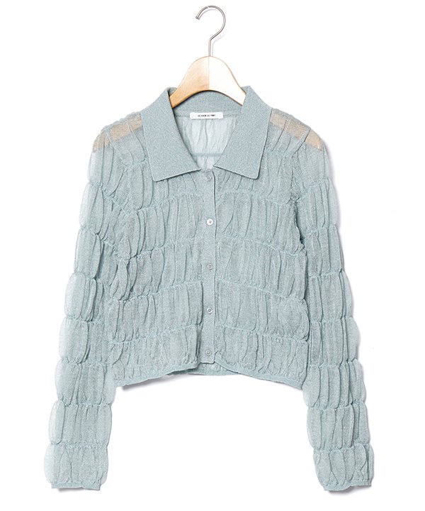 【期間限定P5倍】as know as シャシャーのニットポロ レディース トップス ニット カーディガン 前釦開き 長袖 衿付き シャーリング ギャザー コンパクト 短丈 ふんわり ピンキー