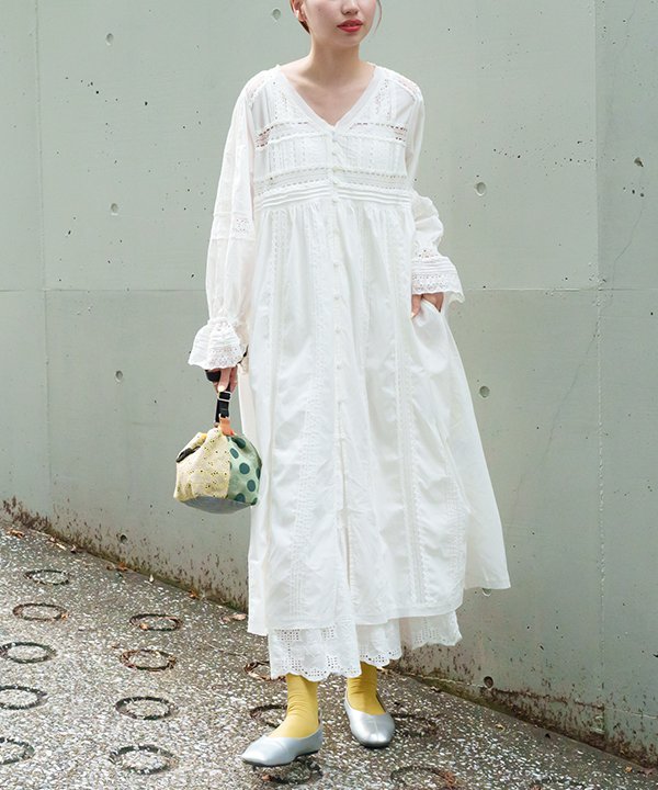 as know as 超レースだらけOP レディース ワンピース 長袖ワンピース 前開き ワンピース 羽織 レース 切替 ピンタック 袖口ゴム 長袖 透け ドゥバズ