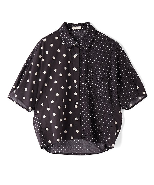 as know as ハッピーなシャツ レディース トップス シャツ シャツ 半袖 切替 柄 MIX 前あき 羽織り ポケット付き マチ 綿 水玉 ドット ドゥバズ