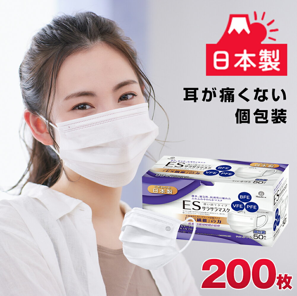 【安心の日本製】 マスク 日本製 50枚×4 200枚 使い捨てマスク 不織布マスク 99％カット 3層不織布 BFE VFE PFE サラサラマスク 感染対策 立体マスク 個包装 箱 大人用 男女兼用 父の日