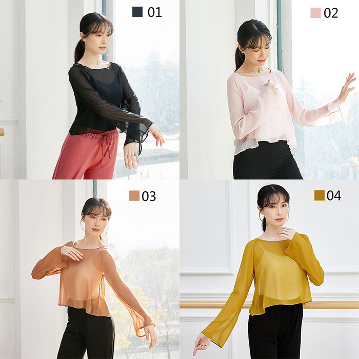asks Dance Gearのダンストップス 全12色 ダンス衣装 レディース長袖ブラウス トップス シースルー 舞台衣装 ダンスウェア 透け感 ステージ 薄手 競技用 団体服 ダンス用品 ヨガ レッスンウェア 練習着 モダンダンス フェミニン カジュアル おしゃれ セクシー きれいめ S M L XL 2XL全12色｜アングル2