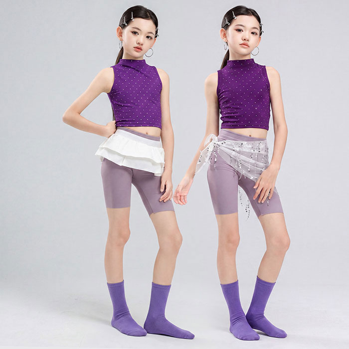 キッズダンス ジャズダンス セットアップ タンクトップ ハイネック ショートパンツ ヨガ 靴下 ミニスカート/ヒップスカーフ 女の子 ダンス衣装 ヨガウェア スパンコール 練功服 ジュニア バレエ ヒップホップ ステージ衣装 ピラティス 子供 ダンス 配色 美脚 舞台演出服